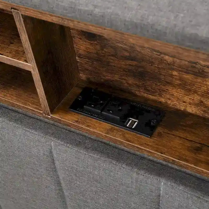 Verhoiltu sänky säilytyspäädyllä ja USB-portilla