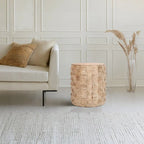 20 Inch Side End Table, Round Drum Shape with 3D Textured Design, Distressed White Finish