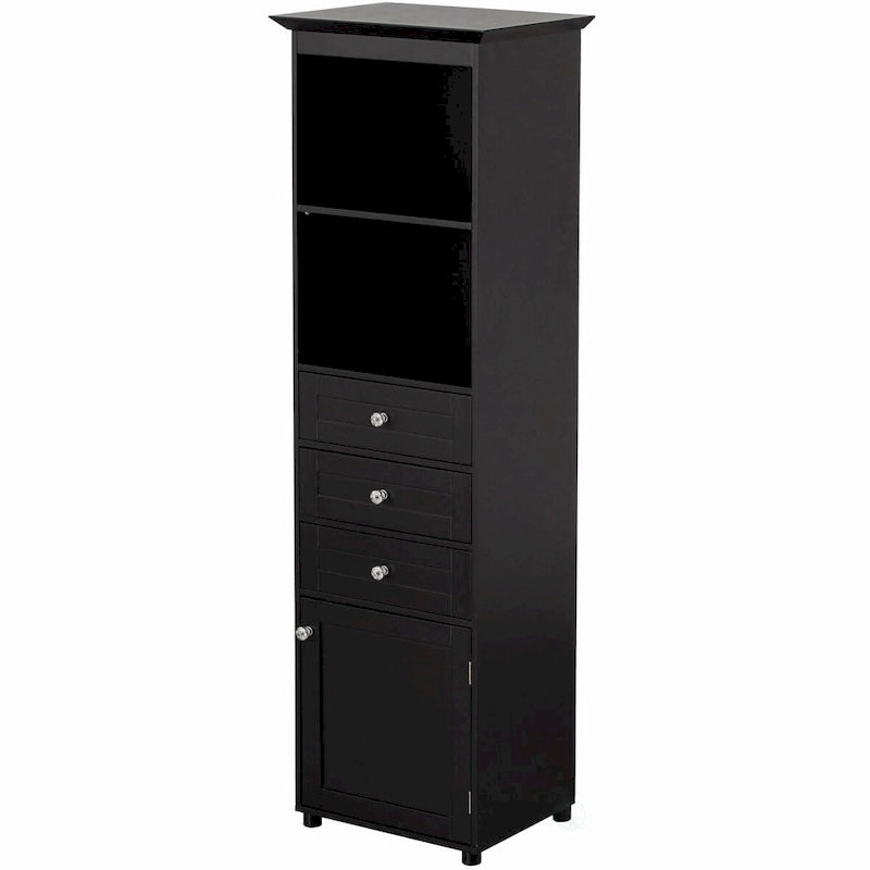 Korkea vapaasti seisova säilytystorni, jossa 2 avohyllyä, 3 laatikkoa ja kaappi – sopii meikkipöydäksi tai kylpyhuonekaapiksi